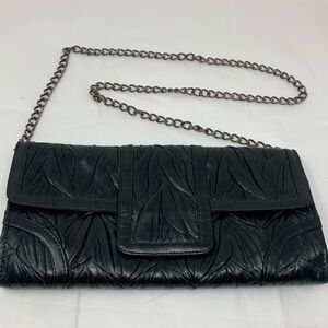 Jessica McClintok black leather envelope purse silver chain crossbody
